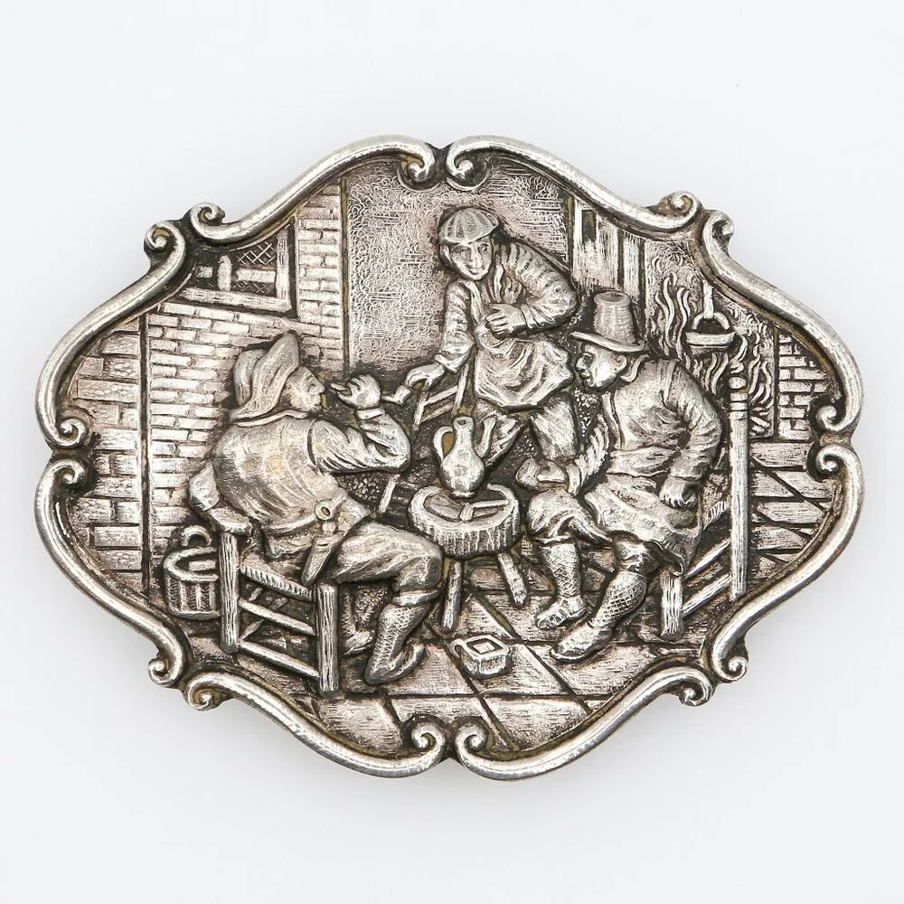 Victorian Holland Repoussé Tavern Scene Brooch Dutch Silver‎ Tone Folk Art Pin